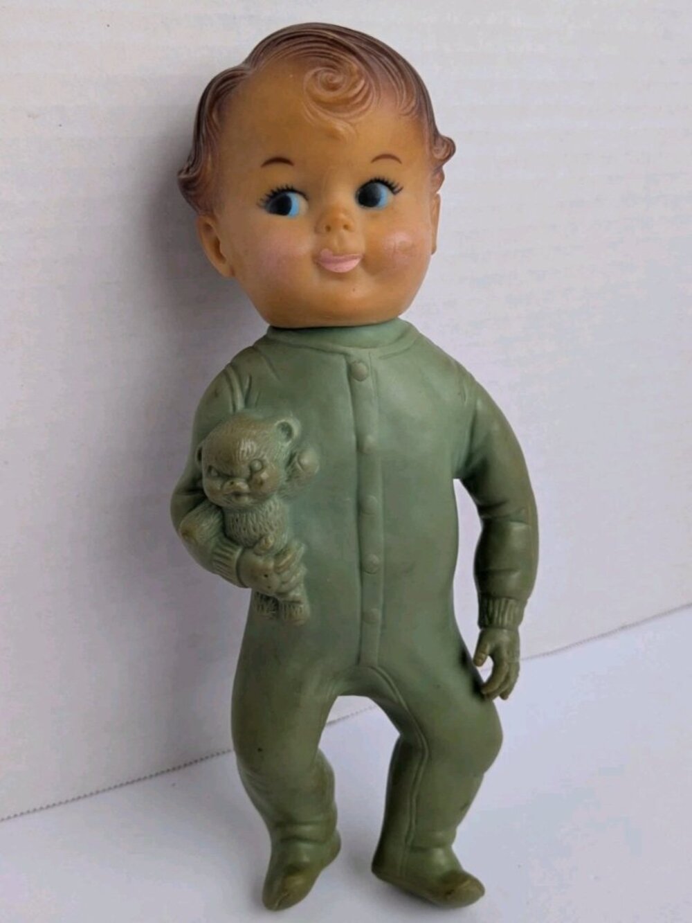 Vintage Reliable Rubber Squeaker Doll–Green Sleeper Teddy Bear–Canada 1940s/50s